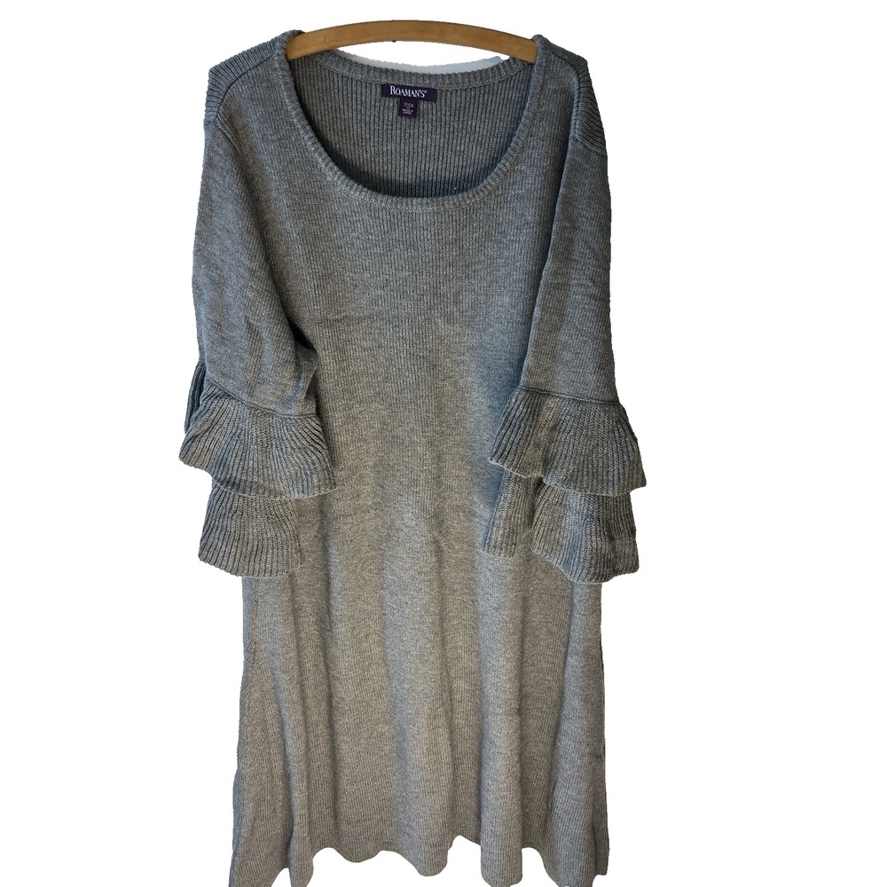 Romans Gray Sweater Dress Women 22/24‎ 1X Ruffle Cozy Midi Mature Office